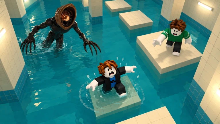 DONT SPLASH gameplay: a player holding a red flare runs from the monster along a tiled pool corridor