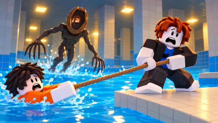 DONT SPLASH co-op: a player pulls a drowning teammate out of the water with a rope while the monster closes in — mid-run rooms are where squads earn their keep
