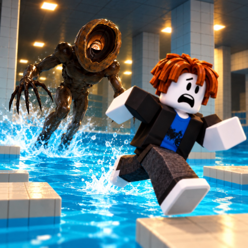 DONT SPLASH official game icon: a Roblox player sprints across floating platforms in a flooded poolroom while the one-eyed monster chases through the water