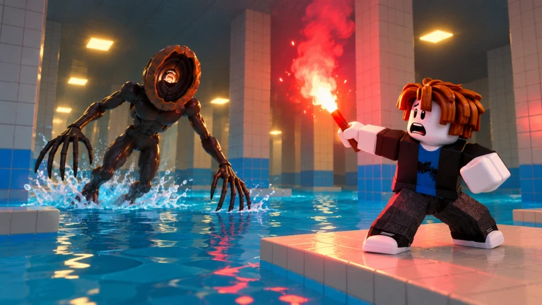 DONT SPLASH gameplay: a player holding a red flare stands off against the wading monster on a floating platform — the escape kit’s moment in a late-run crossing